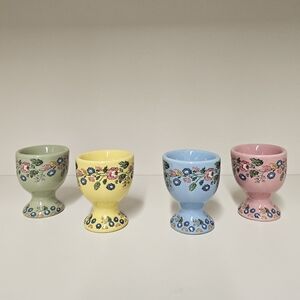 Pottery Barn Floral  Ceramic Botanical Bunny Egg Cups Set - Pastel Colors